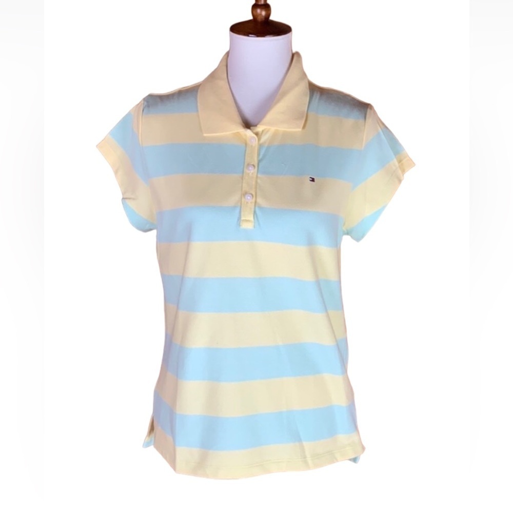 Tommy Hilfiger Women's Yellow and Blue Striped Polo Shirt